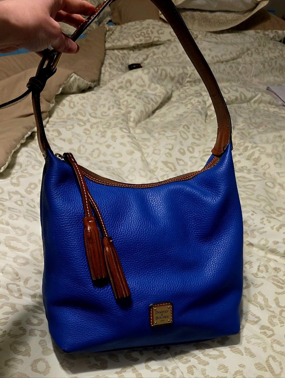 Dooney & Bourke Blue Pebbled Leather Shoulder Bag with Brown Trim